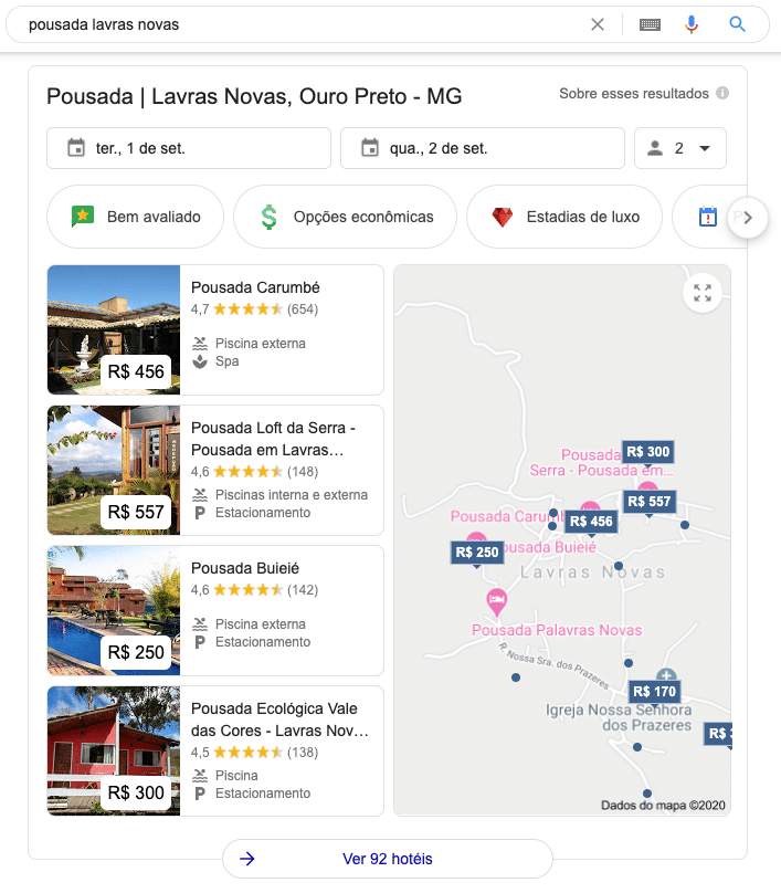 Procurando pousadas e hotéis no Google